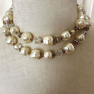 Vintage faux baroque pearl and crystal double strand necklace